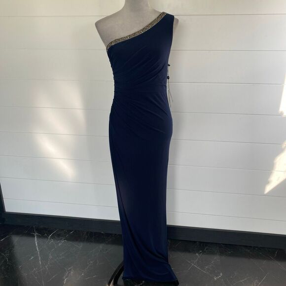 Adrianna Papell One-Shoulder Jersey Gown Navy Blue Sz 2 - Picture 2 of 13
